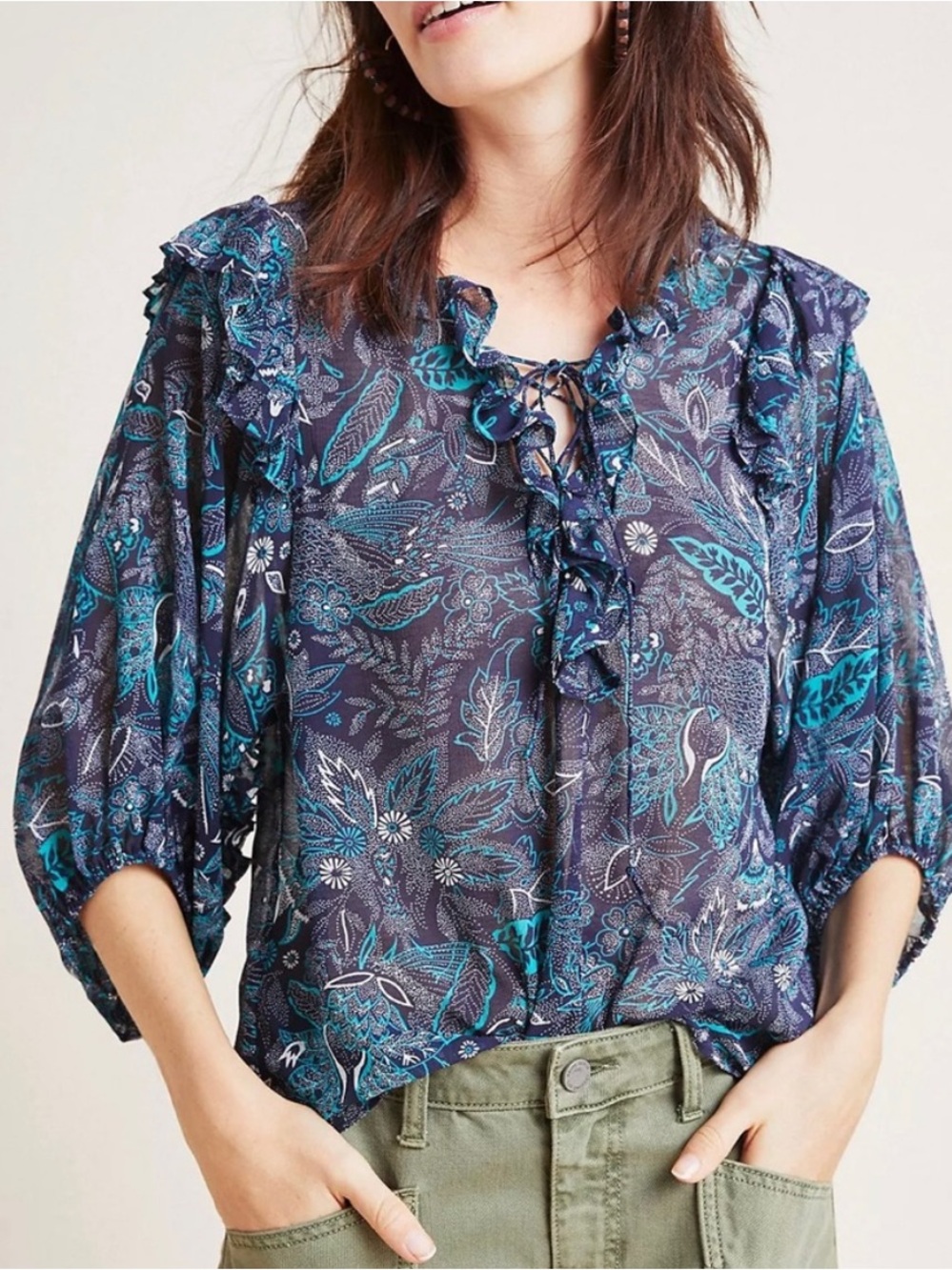 Anthropologie Haida Navy & Teal Floral Tie-Neck Peasant Blouse Size XS EUC